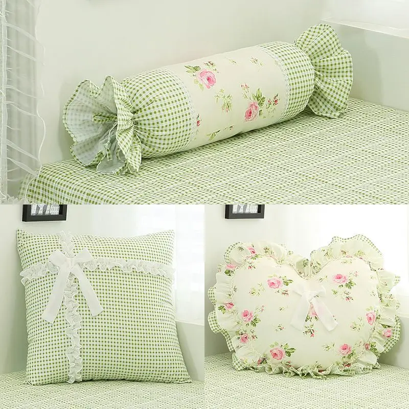 Pastoral style green floral pattern lace throw pillow square/heart gingham back cushion candy backrest