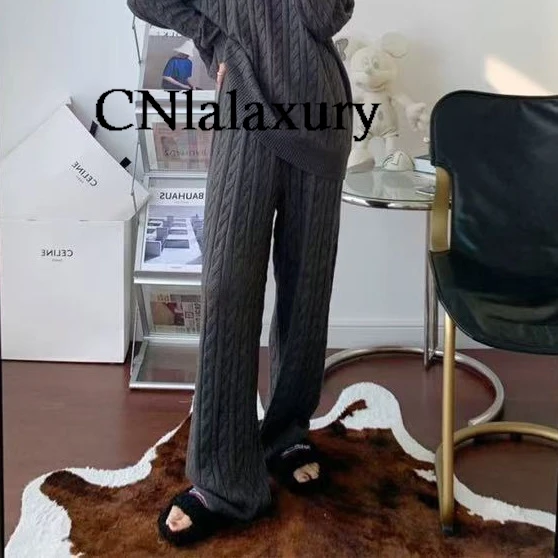 CNlalaxury Casual Solid Color Sweater Set Women Knitted Long Sleeve Pullover Or Trousers Thickened Pants Suit