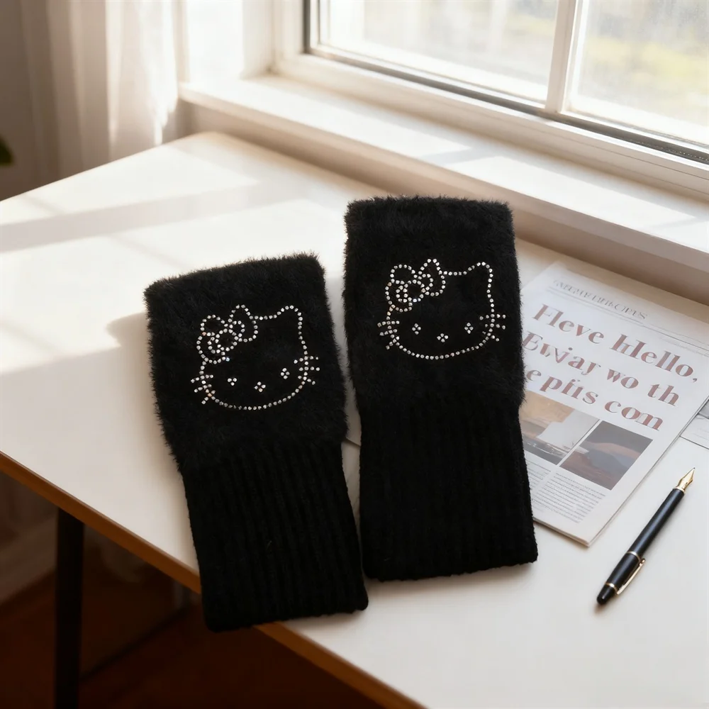 لطيف الكرتون القط محبوك نصف اصبع قفازات المرأة الشتاء أفخم سميكة الدافئة حماية المعصم طالب قفازات الكتابة 18.5*9 سنتيمتر #3
