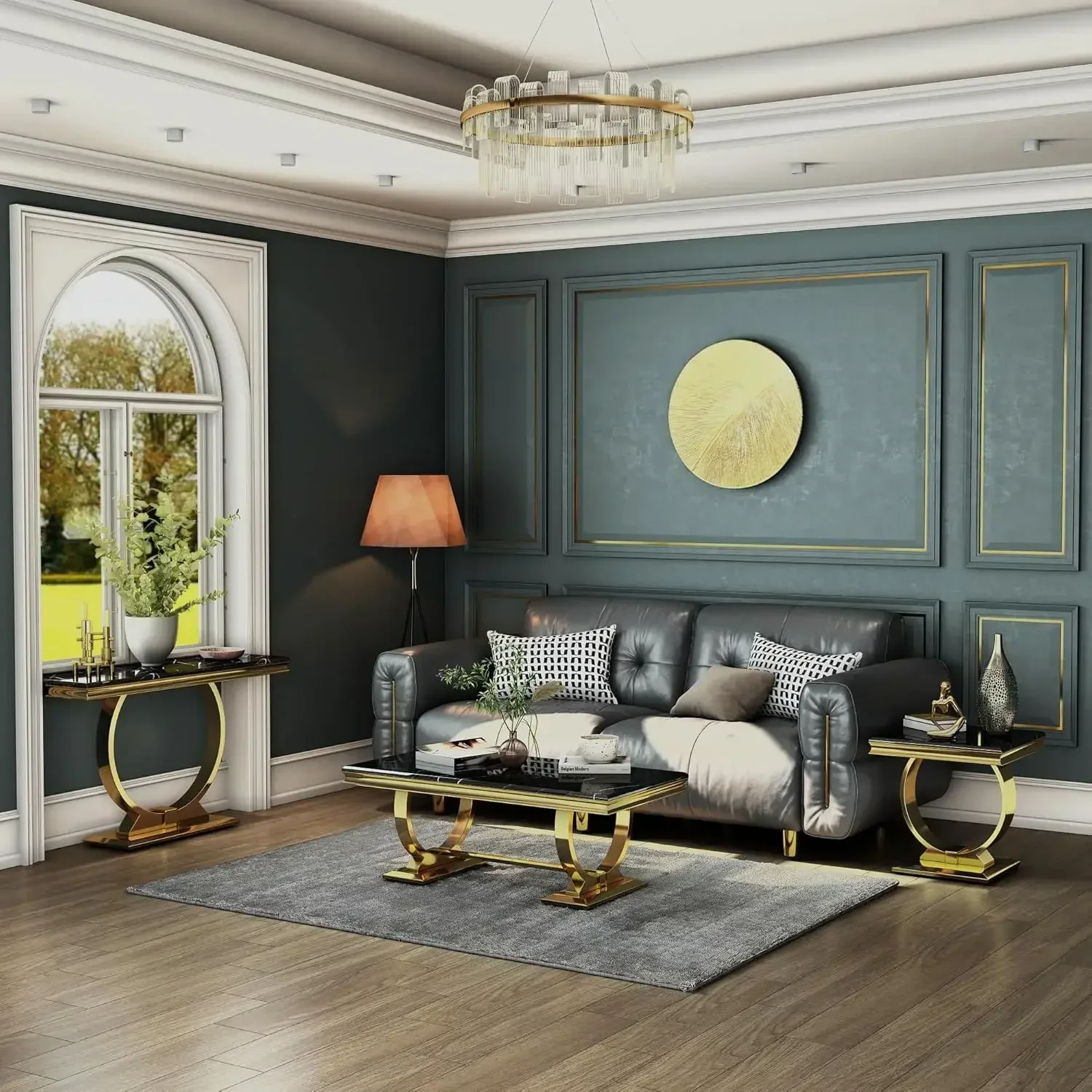 [Nuovo arrivo, stock limitato! ]Tavolo consolle in oro nero, tavolo da ingresso nero da 50" con base a forma di U dorata, tavolo da ingresso di lusso per