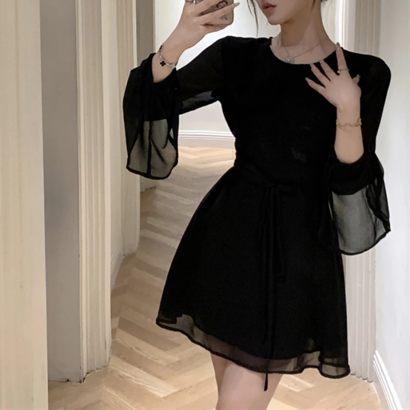 HOUZHOU Backless Black Short Dresses for Women Elegant Back Hollow Out Lace-up Long Sleeve Mesh Sheer Mini Evening Dress Summer