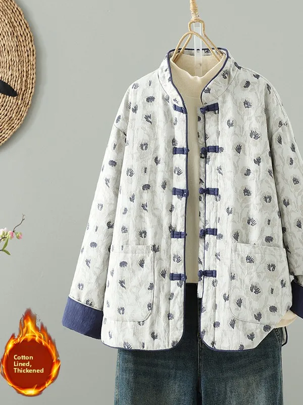 Thiened linho algodão bordado jaet vintage botão casaco de inverno feminino quente algodão acolchoado gola longa casaco sve