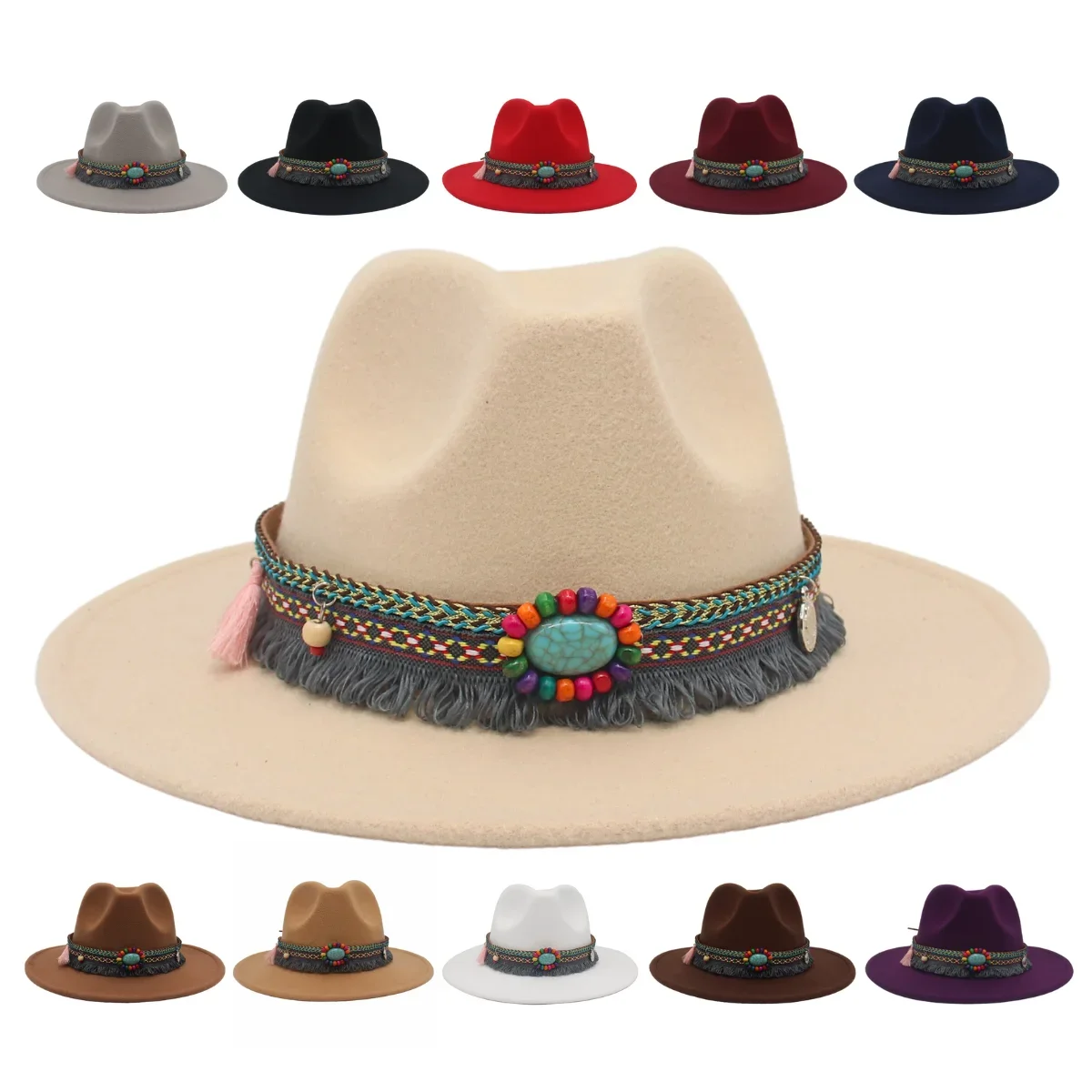 Nuevo sombrero fedora de ala ancha de baile de estilo étnico Sombrero de fieltro casual de lana de imitación de mujer de 52-62 cm sombrero