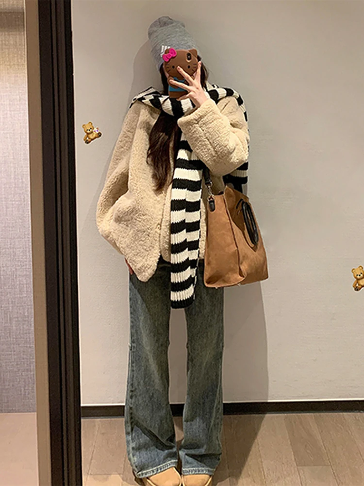 

Khaki Lamb Fur Jaet Women's Thiened Warm Mid-Length Outerwear Autumn Winter Small Size Korean Sle Stand Version