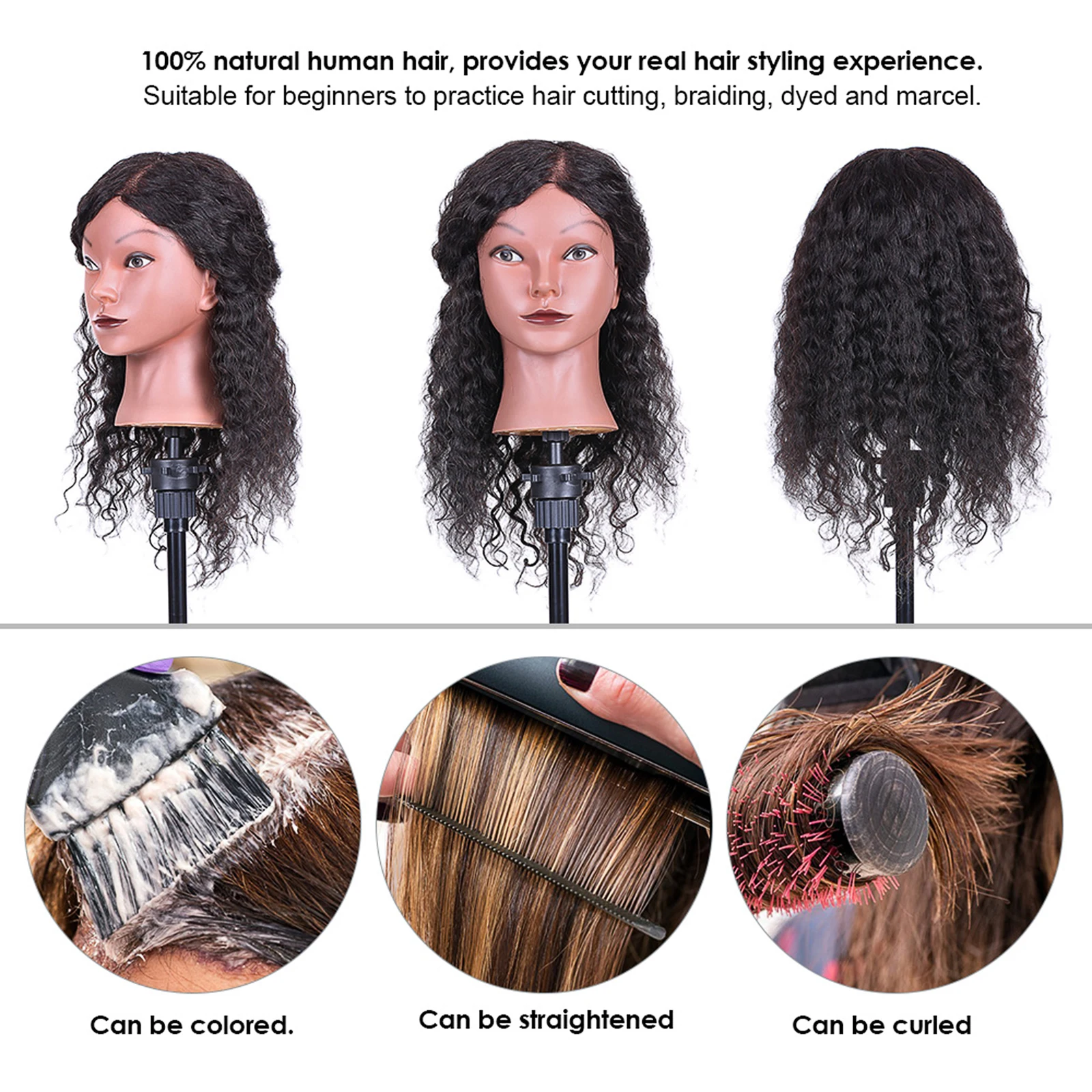 Mannequin Head 100%Real Hair Hairdresser Training Head With Tripod Manikin Cosmetology Doll Head For Braiding Styling