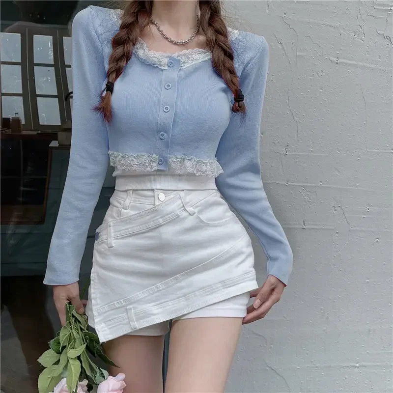 2022 New Korean Version Fashion Long-sleeved Thin Sweater Women Sweet Cute Japanese Kawaii Lace Single-breasted Short Top