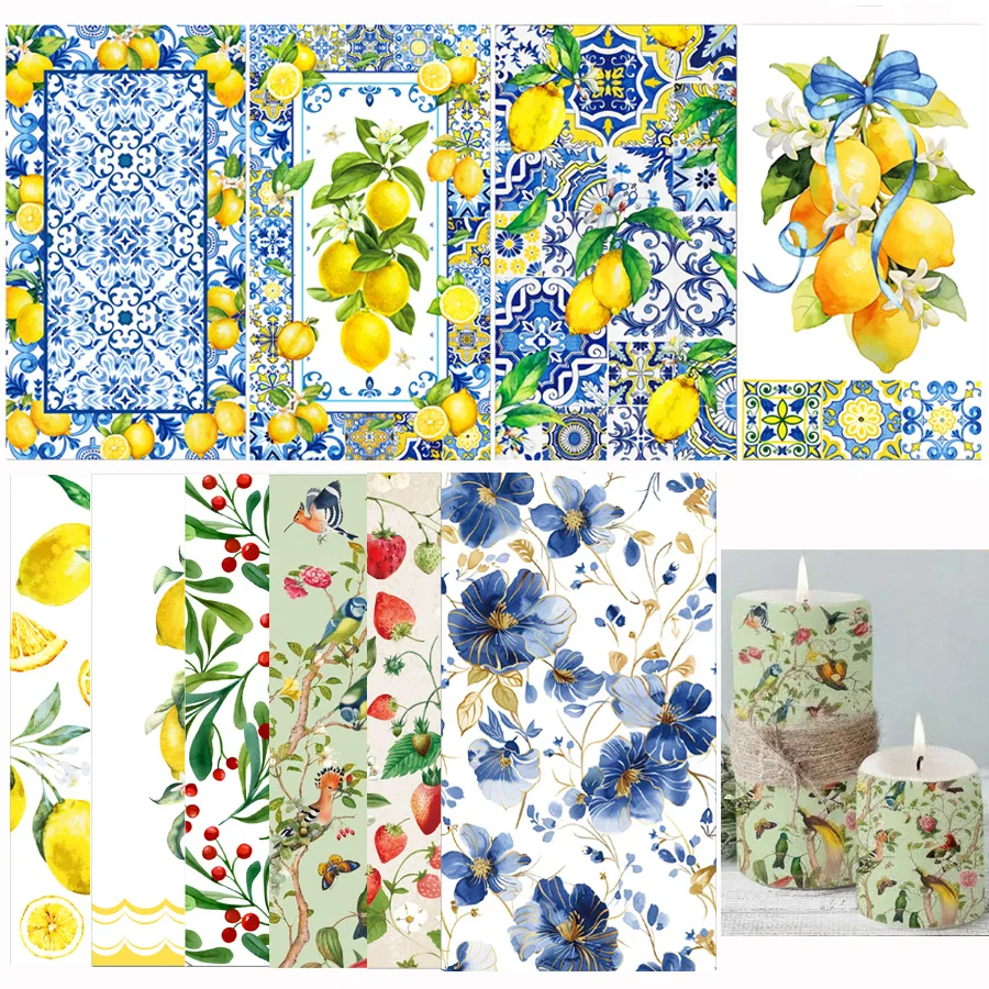 Serviettes en papier jetables à motif floral bleu citron, 20 pièces, tissu découpé pour bricolage, artisanat, décoration de table d'anniversaire et de mariage