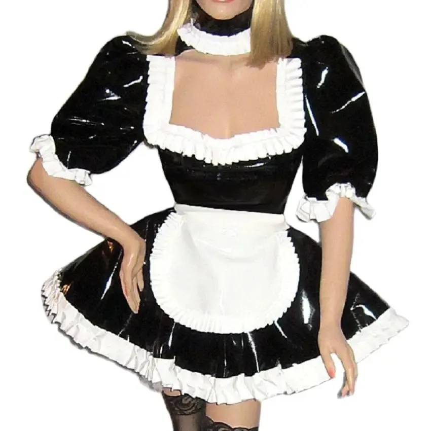 Lockable Sissy Dress PVC Maid Cosplay Black Square Neck Apron Costume Party Dress Custom Adult Glamour Halloween Costume