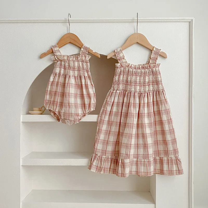 

‌2025 Summer Baby Girl Smock Dress Newborn Sleeveless Romper Sister Matching Outfits Toddler & Infant 0-24 Cute Sister Clothes