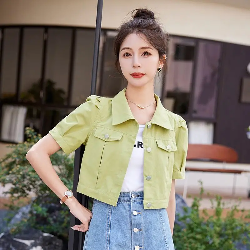 

Женская летняя тонкая куртка с коротким рукавом 2026 года, повседневная укороченная верхняя одежда, рубашка из полиэстера, однотонная, цельная