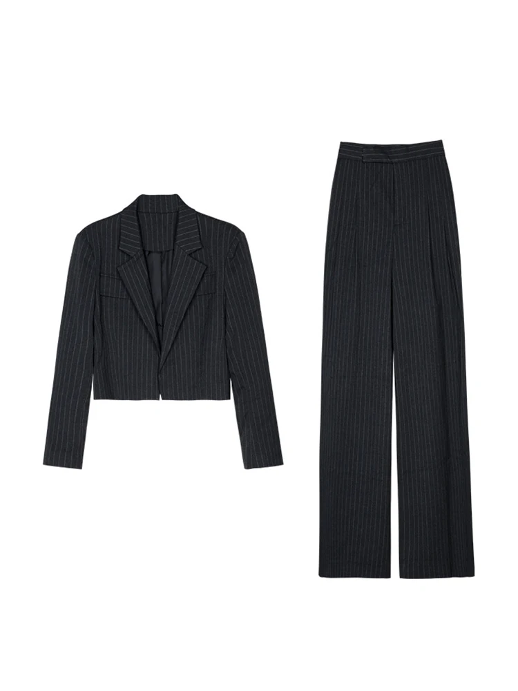 [LANMREM] Striped 2 Piece Sets For Women Cardigan Short Blazer High Waist Straight Wide Leg Pants Office Lady 2024 Summer New