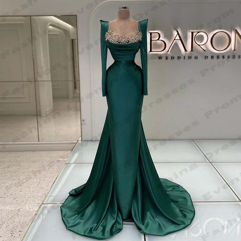 Gorgeous Mermaid Satin Evening Dresses For Women Fashion Elegant Long Sleeves Formal Simple Mopping Customized Prom Party Gowns