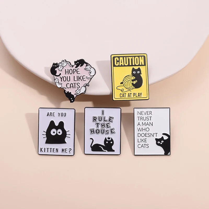 Cartoon Animal Cats Enamel Pins Cute Black Kitten at Play Brooches Accessories Lapel Badge Backpack Clothes Jewelry for Gift