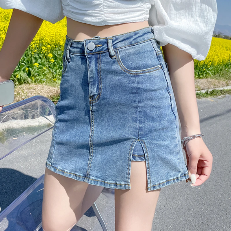 Korean Denim Mini Skirts Women's 2025 Spring High Waist All-match A-line Skirts Vintage Fashion Side Split Anti-Glare Hip Skirts