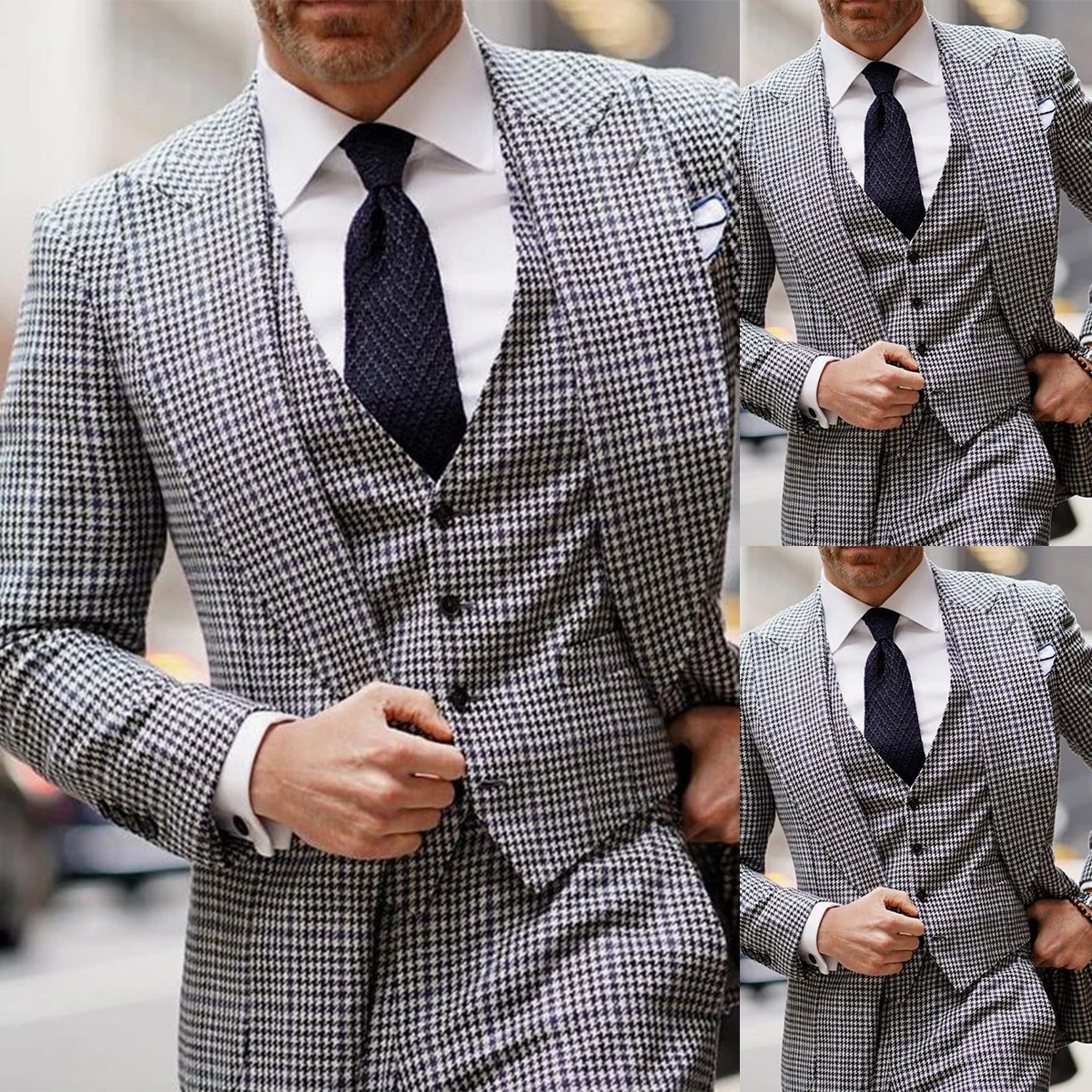 

Houndstooth Men Suits 3 Pieces Blazer Vest Pants One Button Business Wide Lapel Men's Tuxedo Wedding Formal Work Causal Tailored