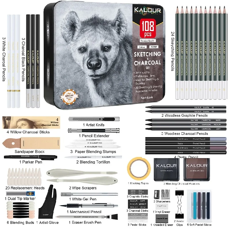 kalour-juego-de-108-piezas-de-lapices-multifuncionales-para-dibujo-carbon-grafito-material-de-arte-herramientas-de-dibujo-de-alta-calidad