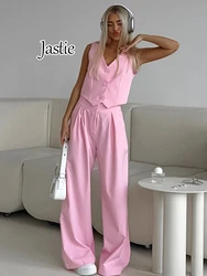 Jastie 2024  Fashion Office Lady V-Neck Tops Casual Wide Leg Pants Outfit Summer Sleeveless Pink Pants Suits Women 2 Pieces Sets