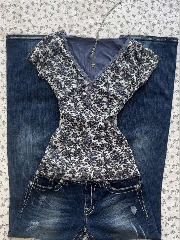 Y2k Aesthetic Two Piece Printing T-shirt Summer Lace Patchwork Grunge Button Tops Harajuku Cropped Slim Fit Vintage Tees