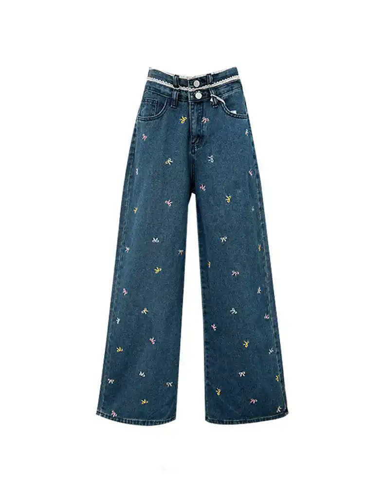 Sweet Bow Embroidery Wide Leg Jeans Women Autumn New Lace Splice High Waist Denim Trousers Fashionable Lady Pants