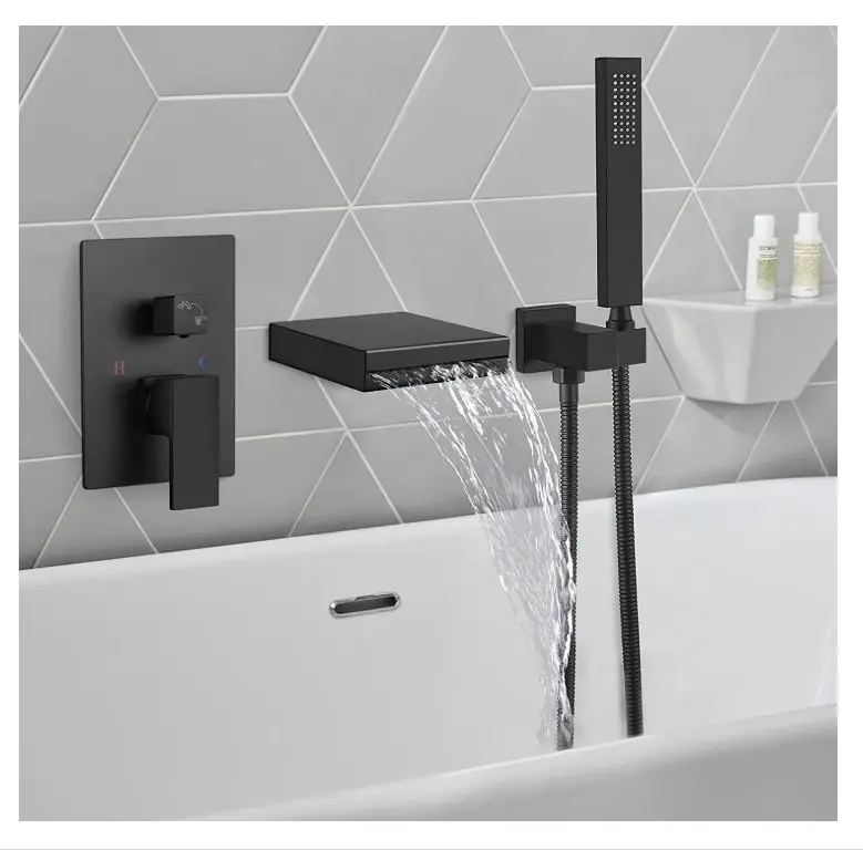 

Black Brass waterfall basin bathtub shower faucet with concealed control valve