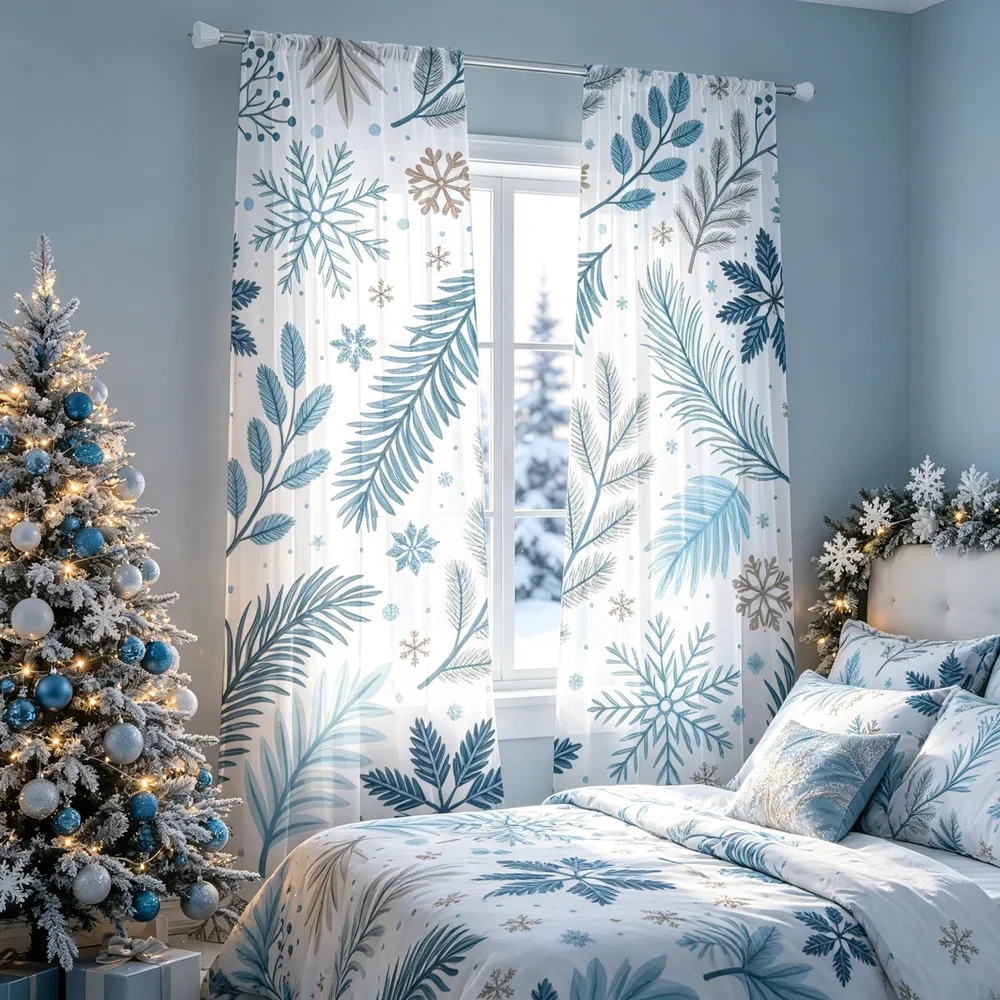 Blue and Green Winter Floral Pattern Curtains for Living Room Home Decor Light Filtering Window Panels