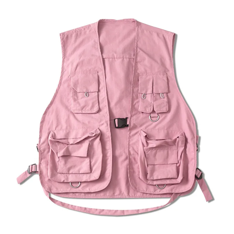 

Oversize Pink Cargo Vest Jacket Multi-pocket Men's Tactical Function Military Sleeveless Jacket Women's Hip Hop Streetwear Vests