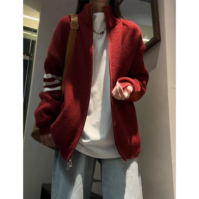 

Red Wine Color American Stripe Stand Collar Men's Sweater Autumn Winter Leisure Sle Knitted irt Slim High-End Outerwear