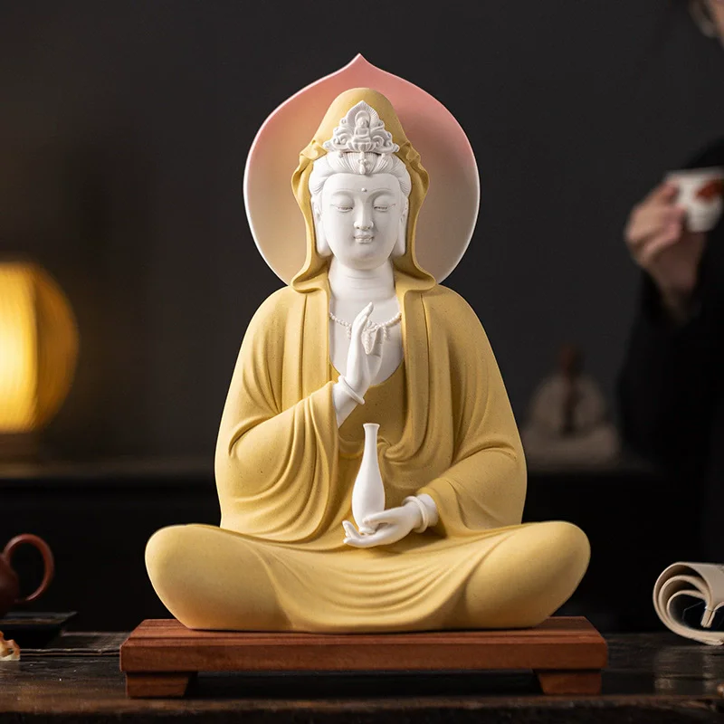 

Free Pose Guan Yin Buddha Statue, White Ceramic Sitting Bodhisattva Sculpture, Serene Goddess of Mercy for Zen Home Temple Decor