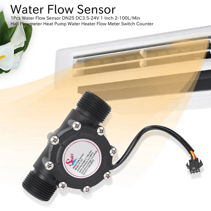 1Pcs Water Flow Sensor DN25 DC3.5-24V 1 Inch 2-100L/Min Hall Flowmeter Heat Pump Water Heater Flow Meter Switch Counter