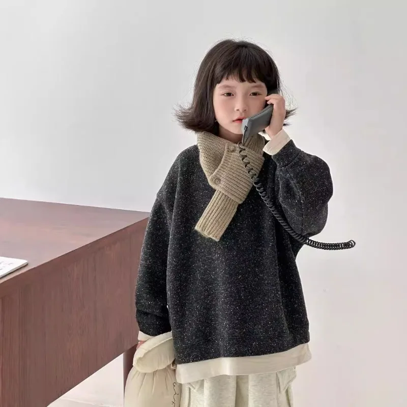 

2025 Winter New Korean Children's Fake Two piece Velvet Hoodie with Boys' Special Fabric Color blocked Warm Top Trendy