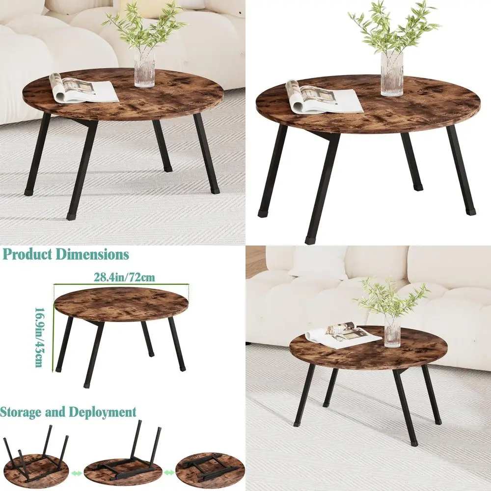 

Compact Rustic Folding Coffee Table, Round Space-Saving Mid Century Design for Living Room and Office, Easy Assembly, Brown