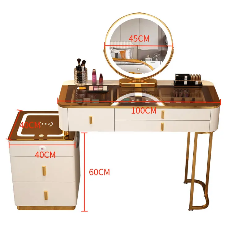 Multifuncional Princesa Dressing Table com Espelho LED, Vaidade Inteligente, Carregamento Sem Fio, Quarto Convertible