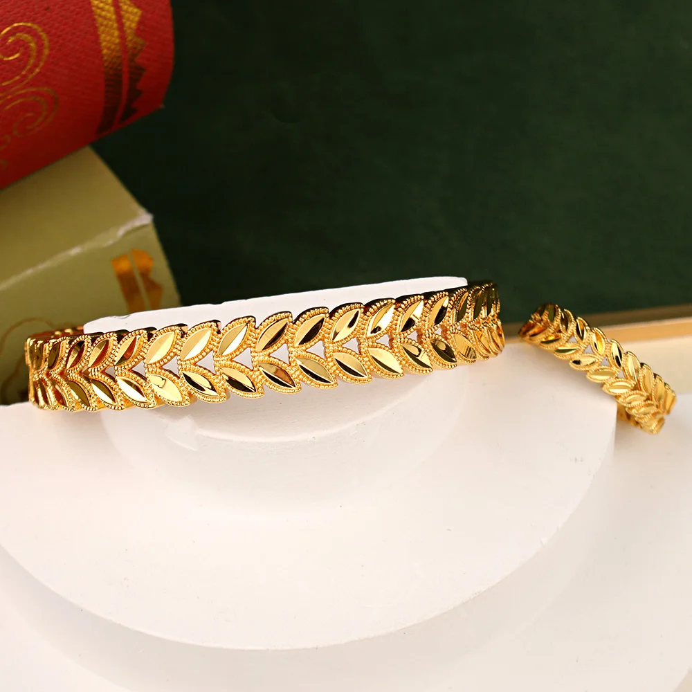 Trendy Copper Gold Plated Jewelry Bangles with Ring Leaves Design Cuff Bracelet Dubai Wedding Jewery Graduation Gifts for Girl