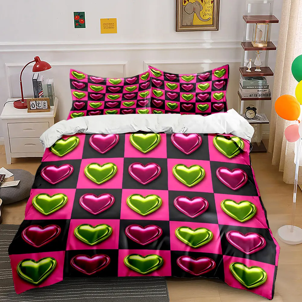 Colorful heart-shaped grid arrangement Bedding Set for Kids Luxury Gift 3pcs Digital Print Comforter Set Soft Comfortable