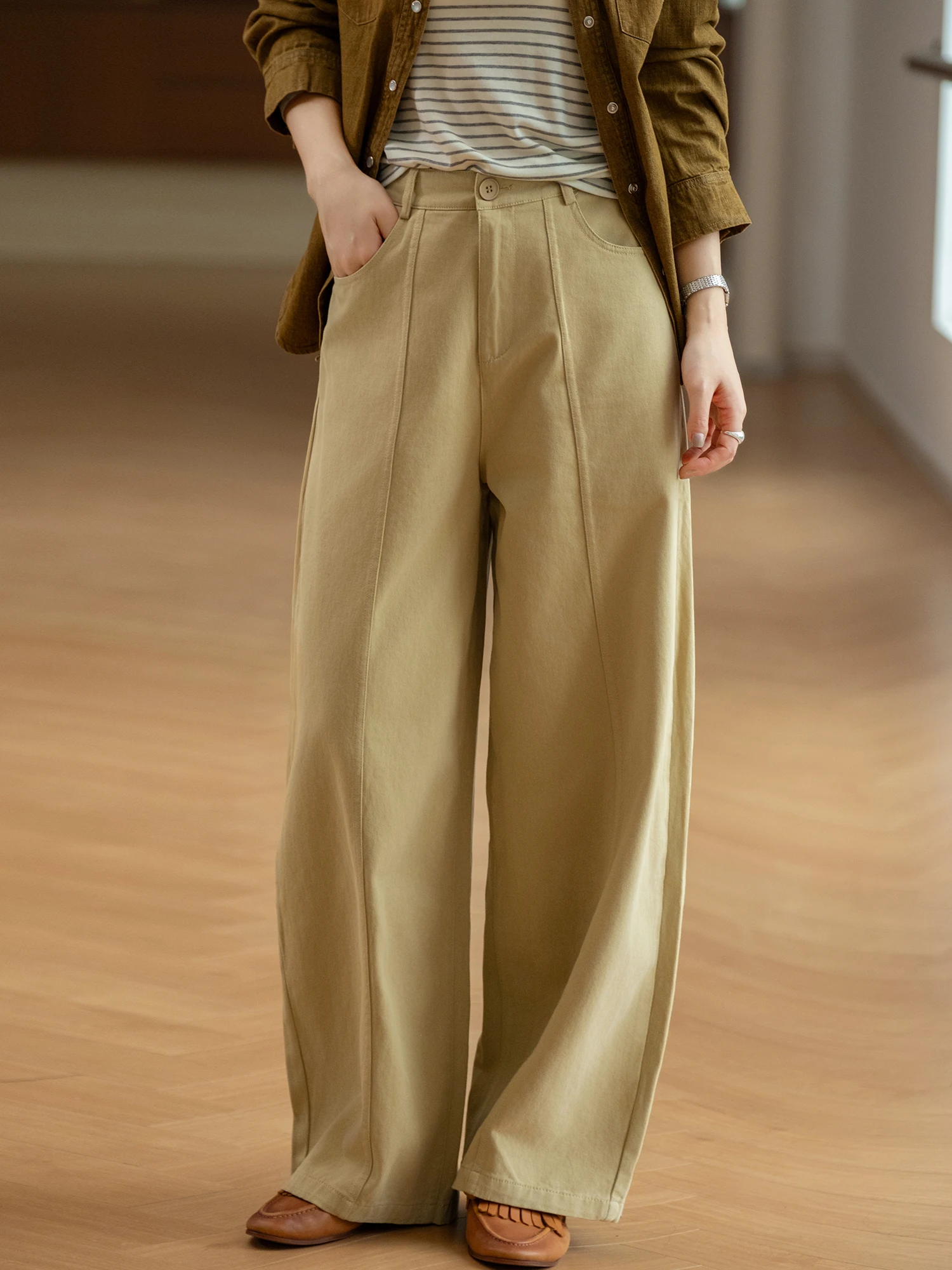 Heavyweight Sand Washed Casual Pants Slimming Diagonal Cotton Straight Leg Pants with Middle Seam for Women Breathable Comfor...