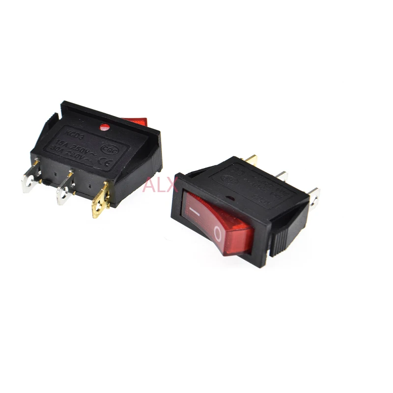 5 SZT. KCD3-101n 3-PINOWY czerwony przycisk z podświetleniem, przełącznik kołyskowy ON/OFF, przełączniki zasilania 16A/250V 20A/125V 3-pinowe
