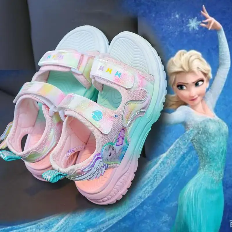 

Disney Children Shoes Summer Elsa Girls Mesh Beach Sandals Fashion Frozen Princess Soft Bottom Light Peep Toe Sandals Size 26-35