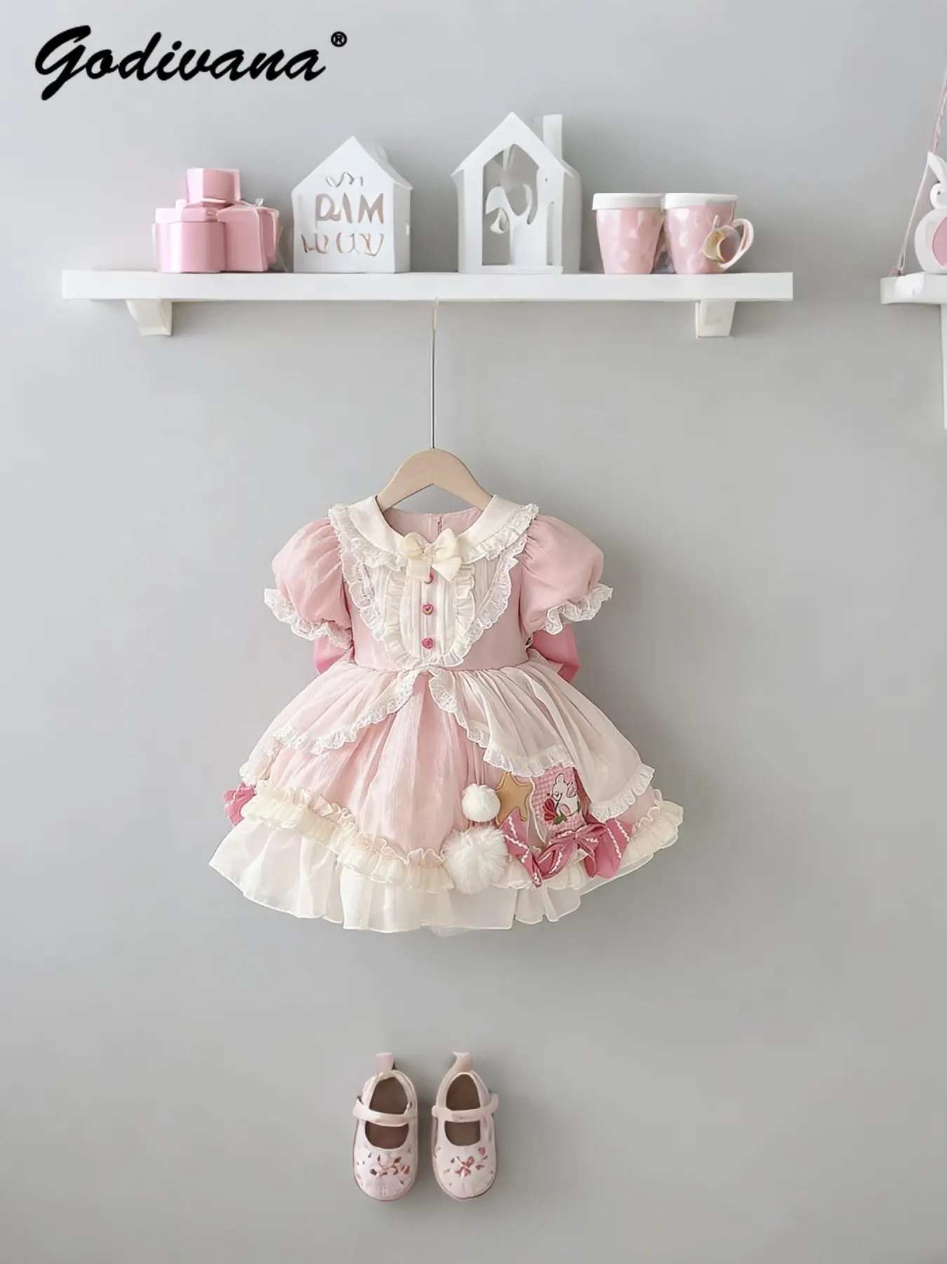 Baby Girls Sweet Pink Cute Lolita Dress New 2026 Summer Kids Lace Patchwork Ruffle Trim Puff Sleeve Bow Birthday Princess Gown