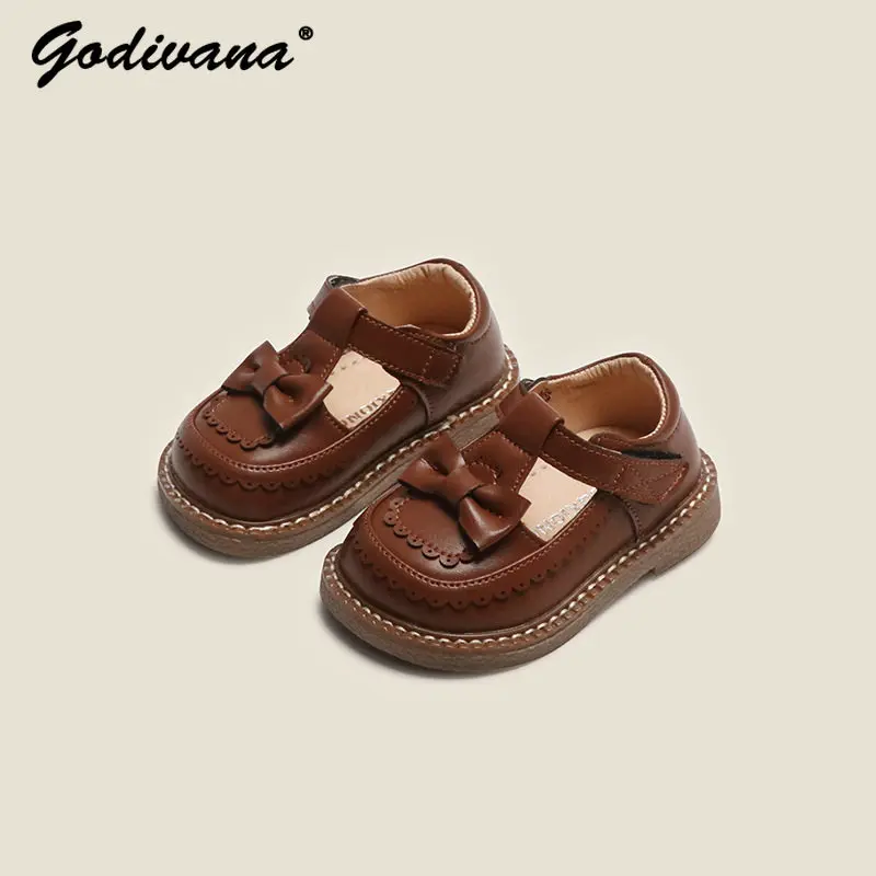 

Sweet Toddler Baby Girl Princess Flats Soft-soled Walking Shoes Little Kids New Spring and Autumn Lace Trim Bow Leather Shoes