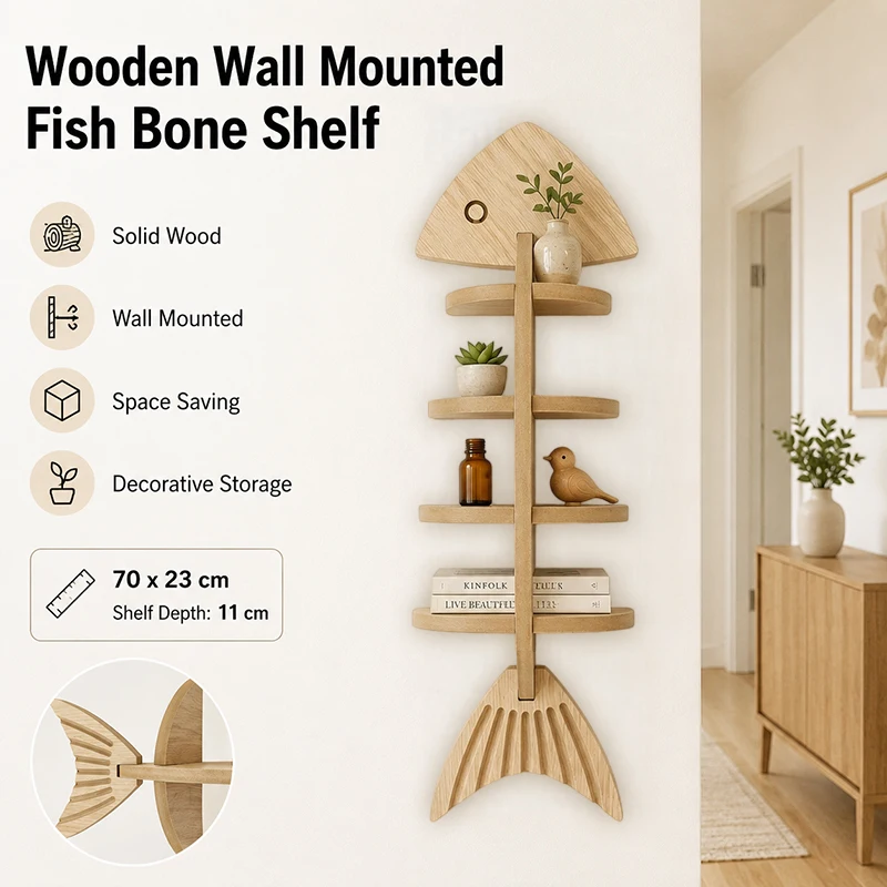 

Creative Fishbone Wooden Wall Shelf Wall Mounted Floating Shelves Storage Organizer Display Rack Home Decor Bedroom Study Room