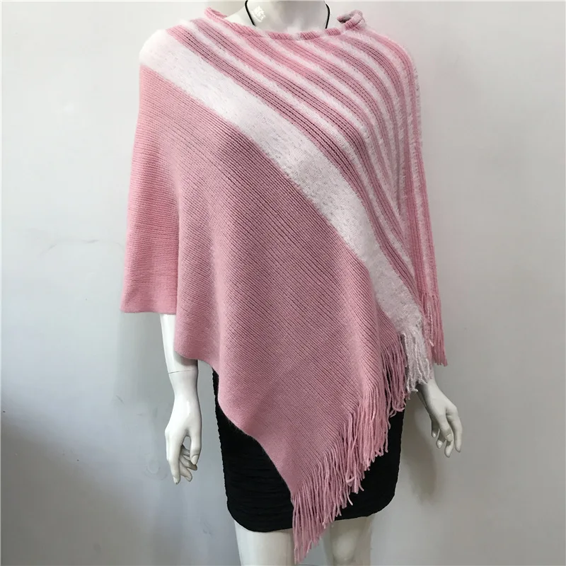 

2022 Spring Autumn New Women Knitted Cloak Diagonal Stripe Color Matching Knitted Poncho Cape Tassel Cloak Sweater Shawl Pink