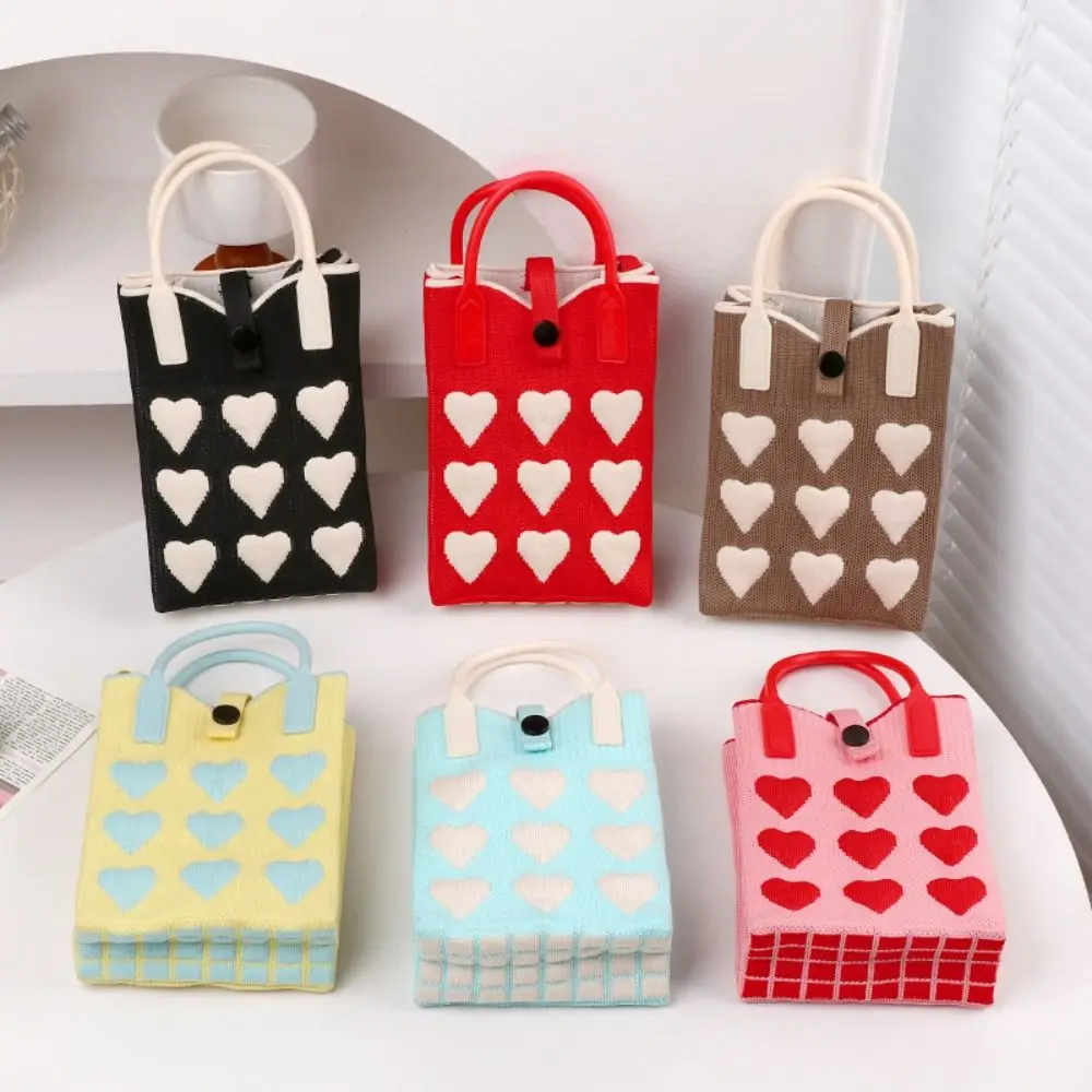 Sweet Love Knitted Mobile Phone Bag Silicone Handle Fashion Women Mini Shoulder Bag Mini Korean Knit Handbag Female Lady Girl