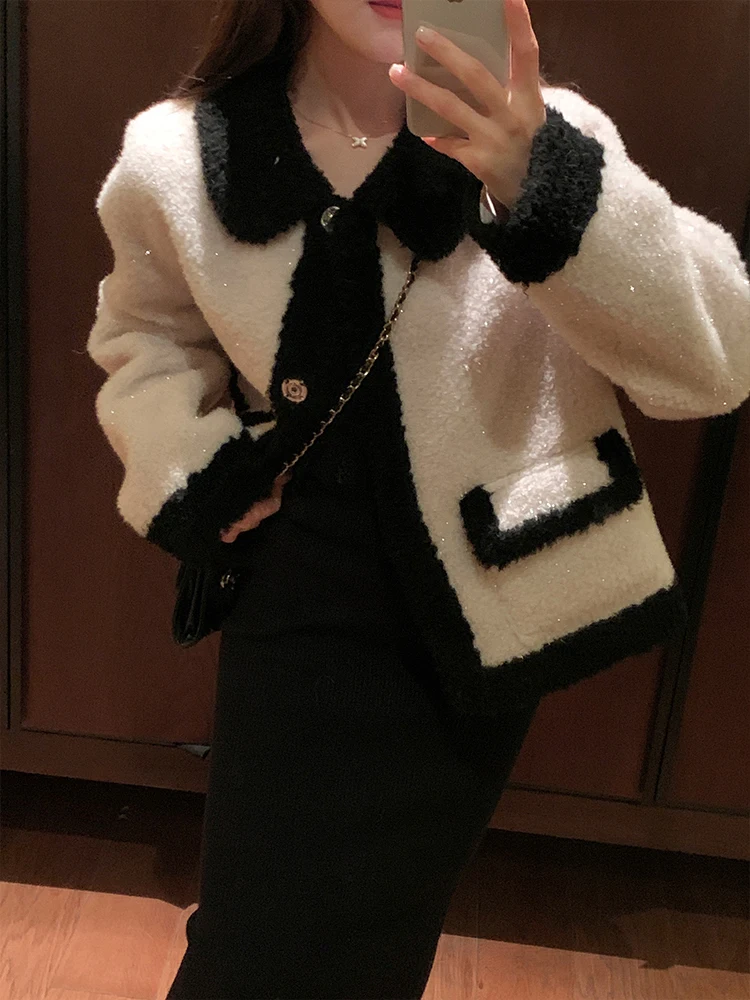 

Bling Small Fraance 2024 Winter New Lamb Fur Coat Women's Name Lady Sweet Sle round Ne Tee Button ort Length