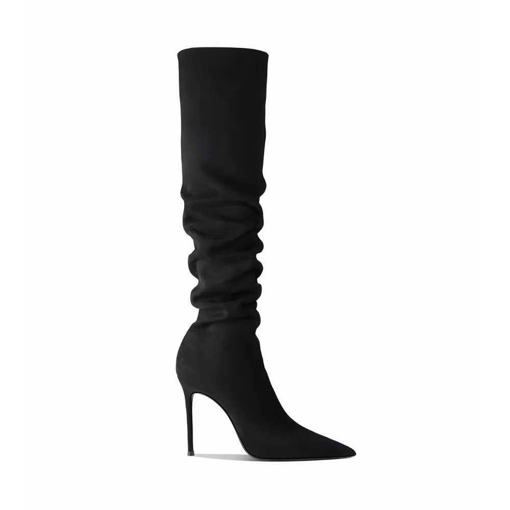 

Black Pointed High Heel Boots Women 2025 New Winter Knee High Boots Slim Stretch Stacked Boots