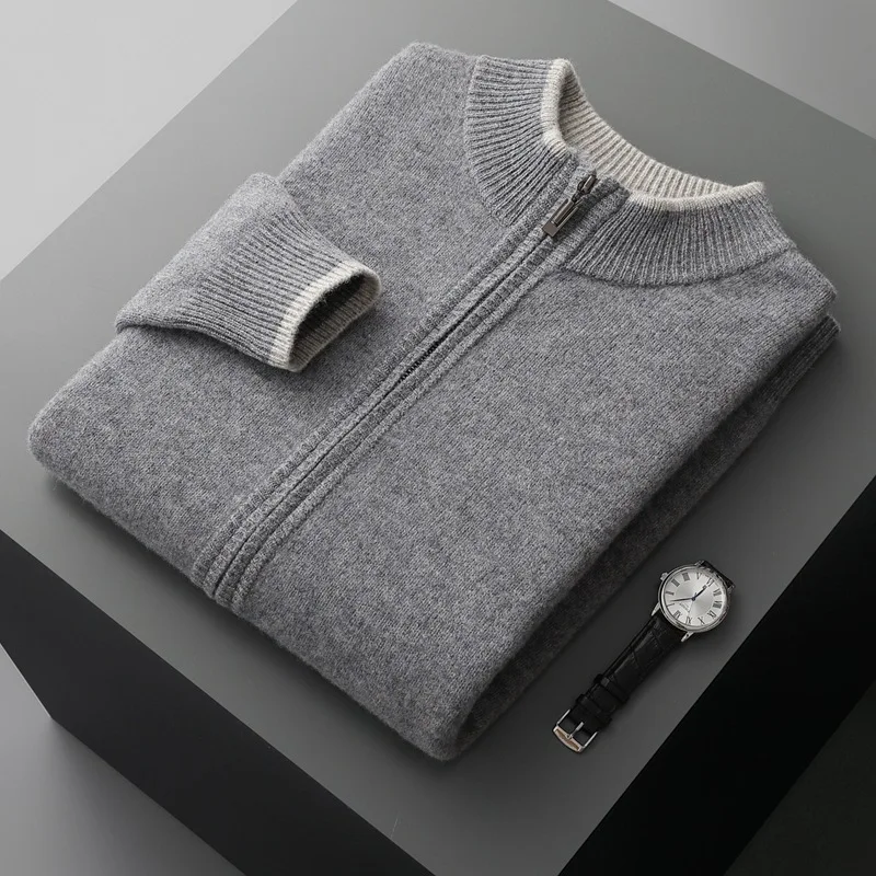 Suéter cálido de lana para hombre, cárdigan grueso con cremallera y cuello simulado, Tops de manga larga tejidos de Cachemira para otoño e invierno