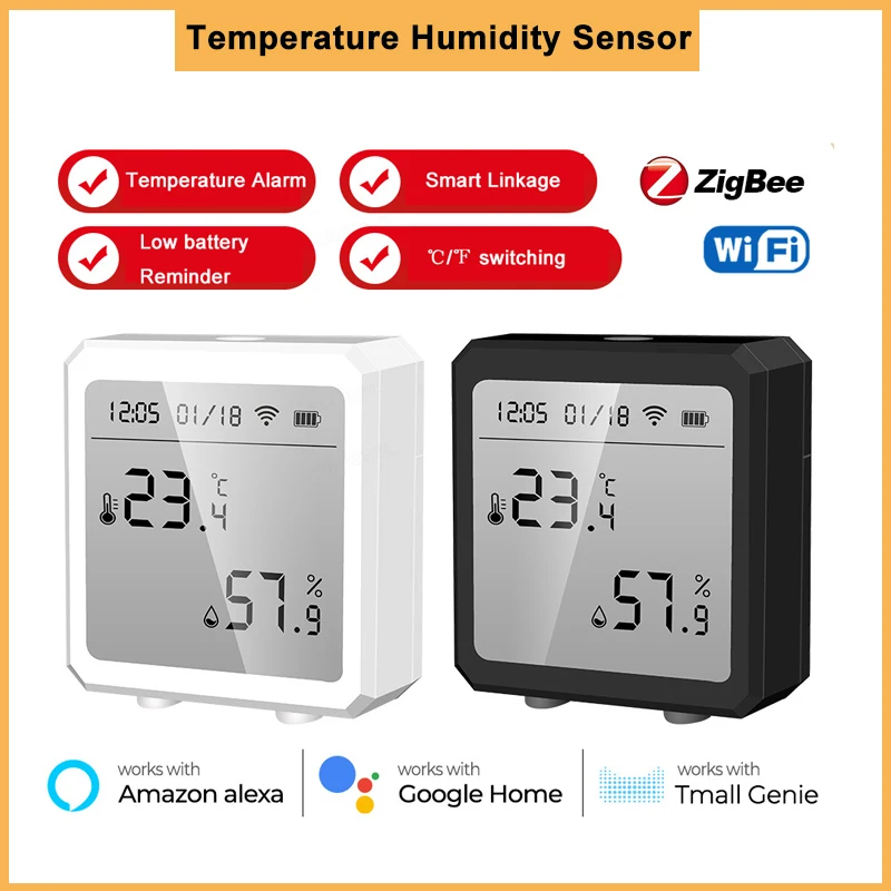 

Tuya Zigbee Smart WiFi Temperature and Humidity Sensor Digital Thermometer Detector LCD Backlight APP Monitoring Control Alarm