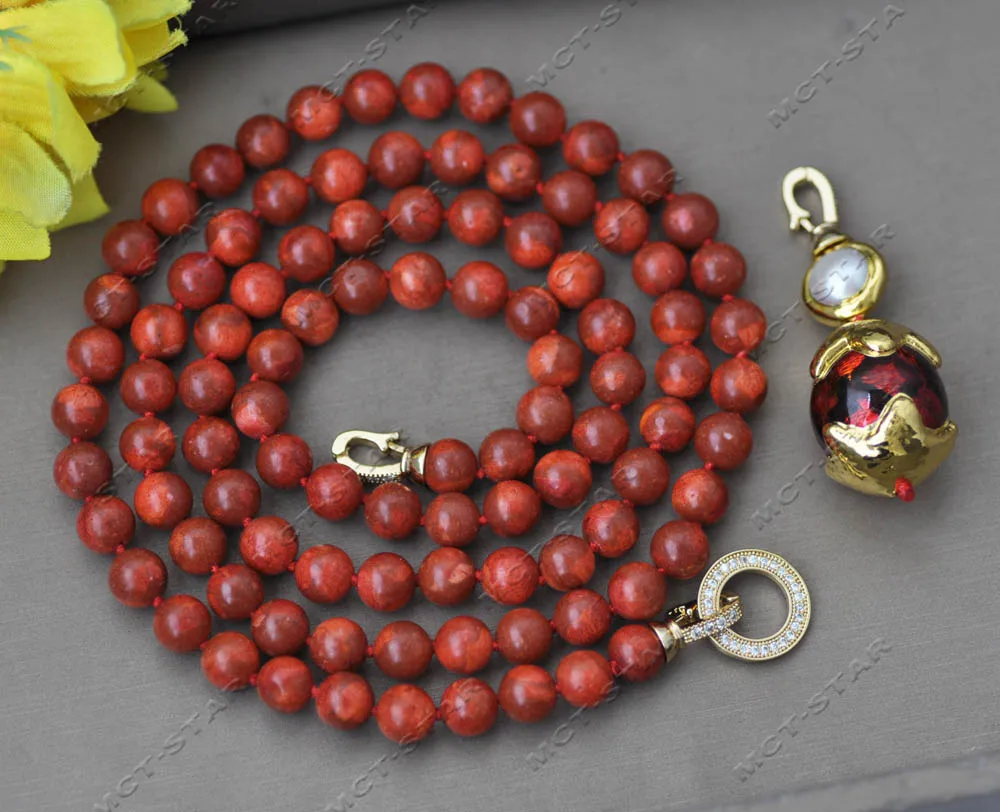 

Z13353 35" 26mm Red Round Coral Necklace Gold-Plated Red Flame Murano Glass Pendant Cz Custom Jewelry