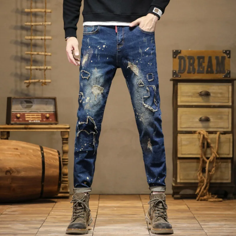 Street Design Motorcycle Men's Ripped Embroidery Patch Stitching Splash-Ink Jeans Men's Trendy Slim Fit Retro Trousers