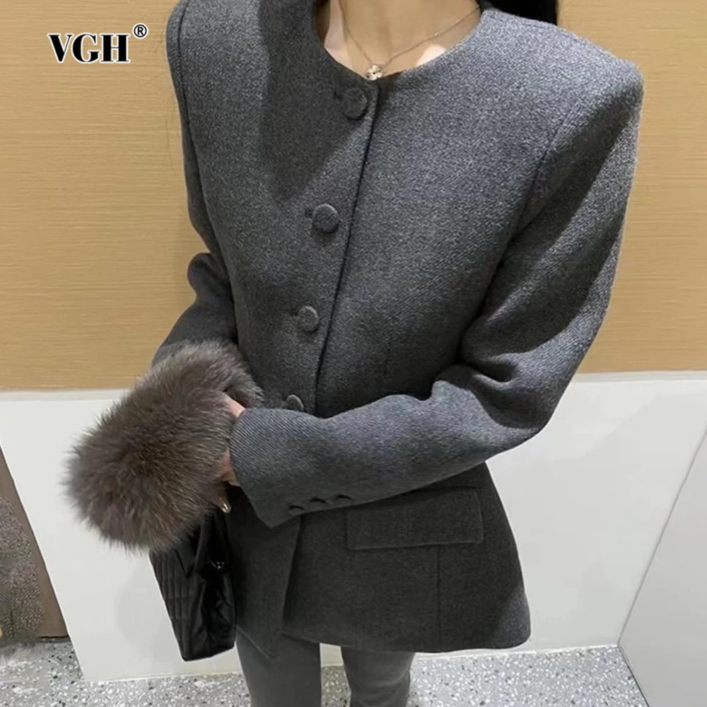 

VGH French Style Solid Elegant Jackets For Women Round Neck Long Sleeve Spliced Button Autumn Casual Slimming Jacket Female New