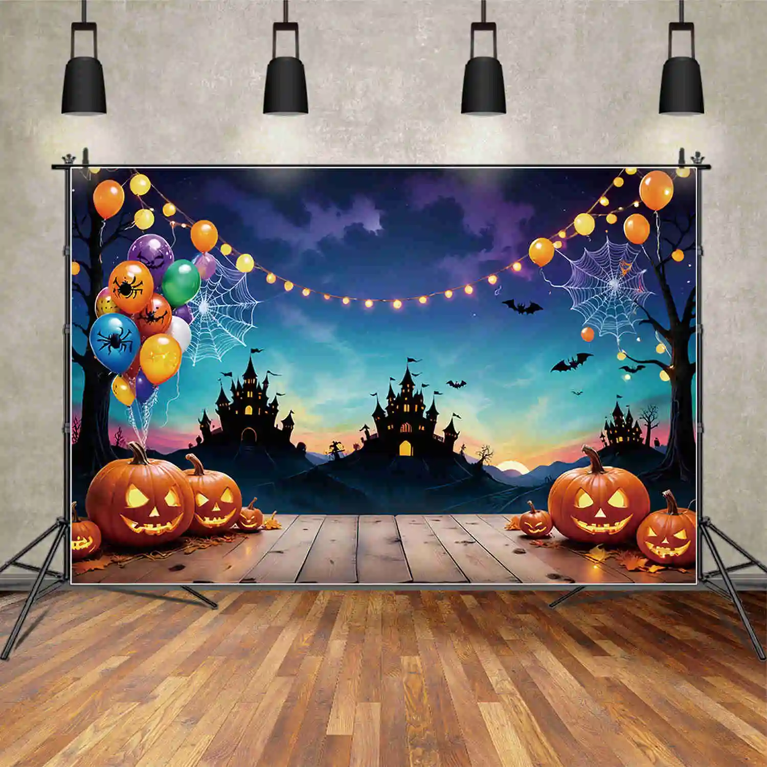 MOON.QG Neon Pumpkin Halloween Backdrops Photography Children Party Decor Photocall Backgrounds Photo Studio Photobooth Props